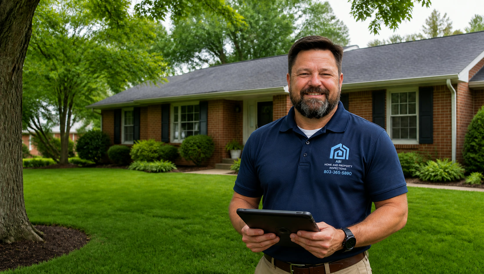Licensed home inspector standing in front of a brick ranch home in Lexington, SC